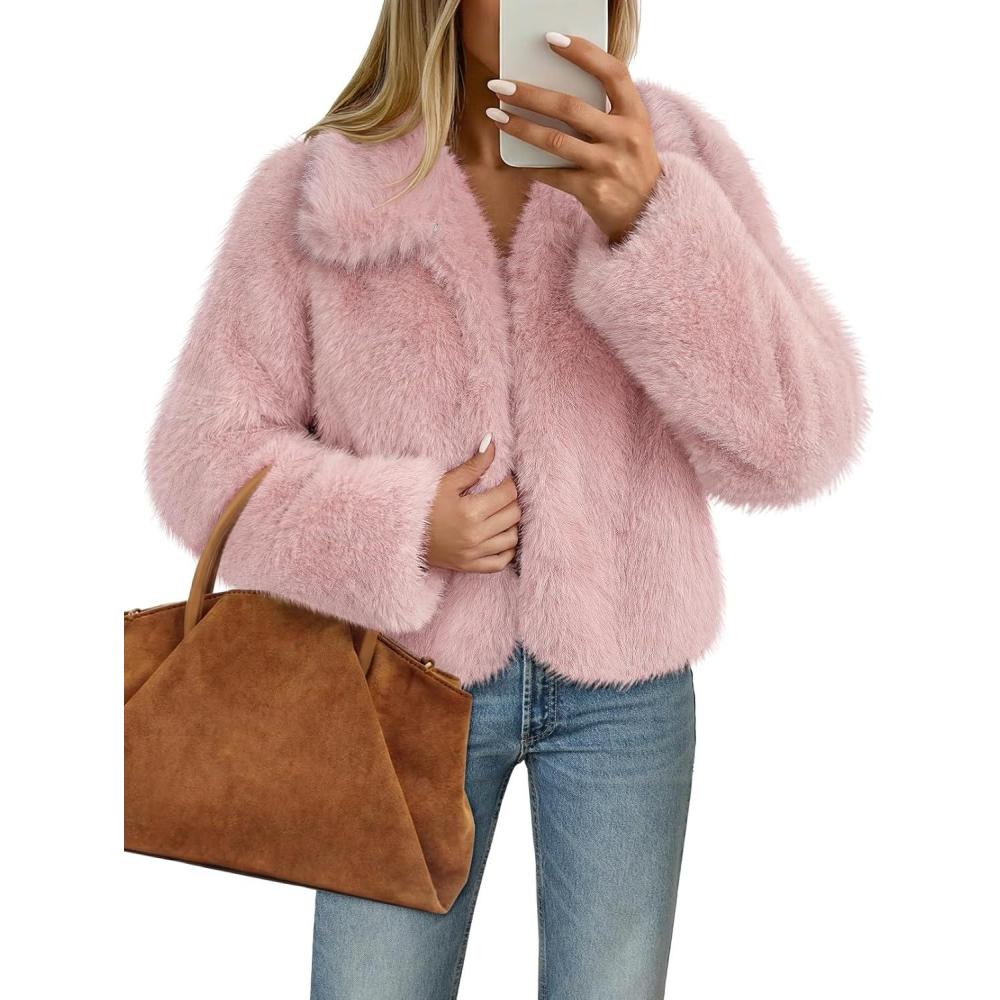 imageMEROKEETY Womens 2025 Winter Coats Furry Faux Fur Jackets Long Sleeve Coat Trendy Warm Outerwear with PocketsPink