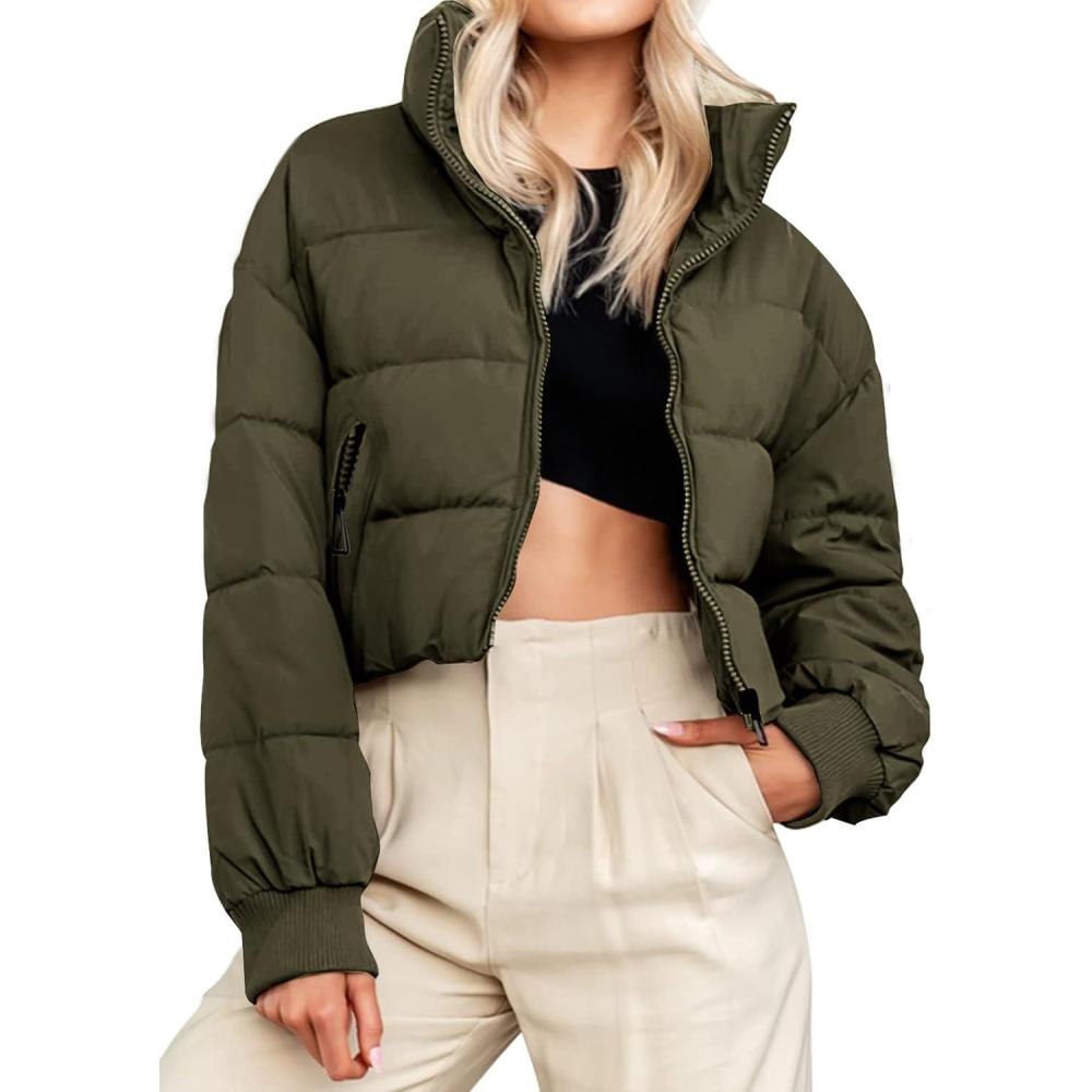 imageMEROKEETY Womens 2025 Winter Cropped Puffer Jacket Long Sleeve Oversized Stand Collar ZipUp Short CoatArmygreen