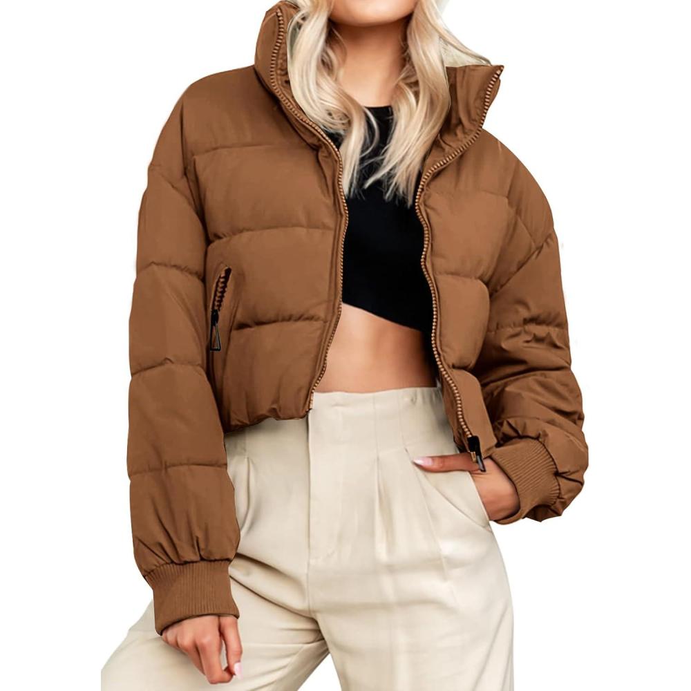 imageMEROKEETY Womens 2025 Winter Cropped Puffer Jacket Long Sleeve Oversized Stand Collar ZipUp Short CoatBrown