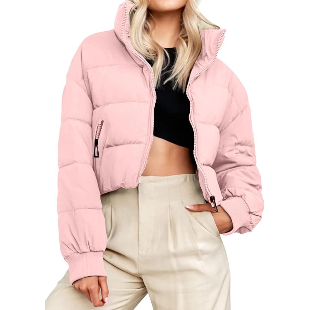 imageMEROKEETY Womens 2025 Winter Cropped Puffer Jacket Long Sleeve Oversized Stand Collar ZipUp Short CoatPink