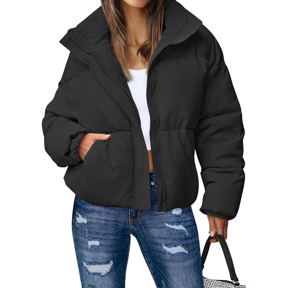 imageMEROKEETY Womens 2025 Winter Long Sleeve Zip Puffer Jacket Pockets Baggy Short CoatsBlack