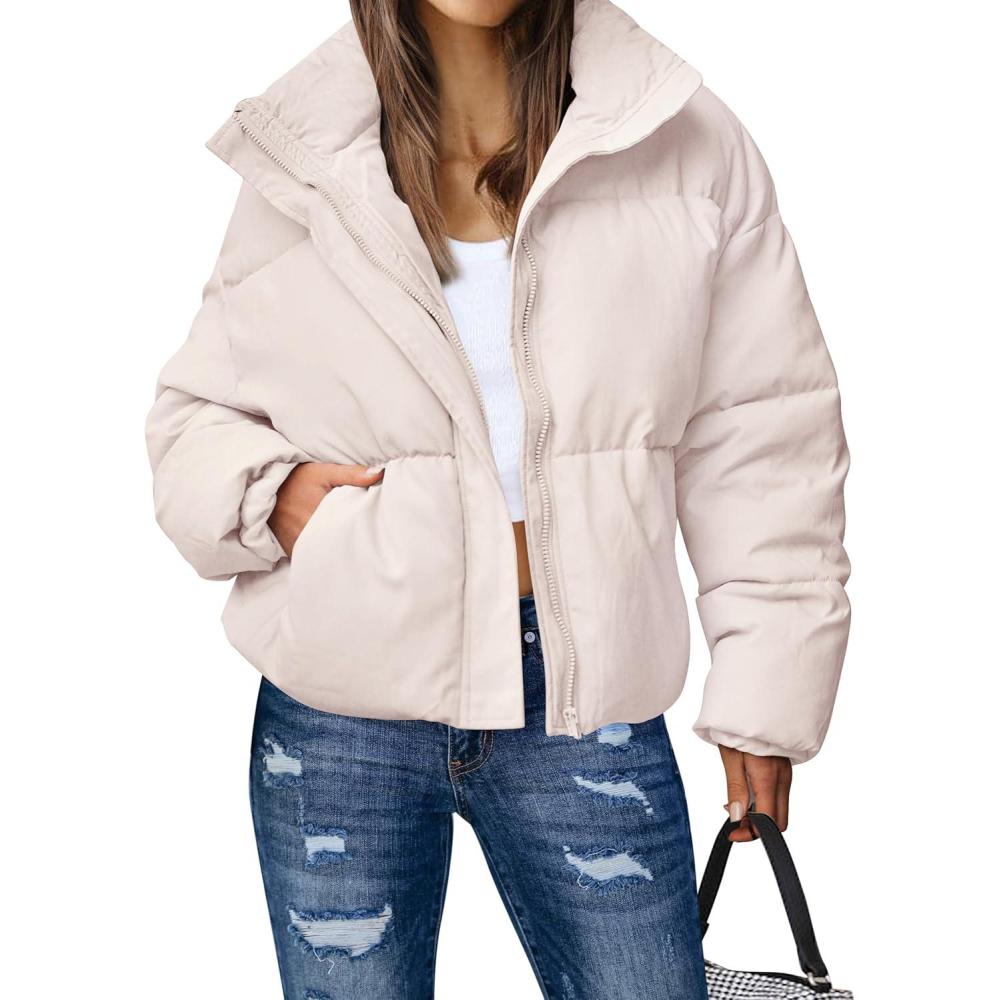 imageMEROKEETY Womens 2025 Winter Long Sleeve Zip Puffer Jacket Pockets Baggy Short CoatsLight Pink