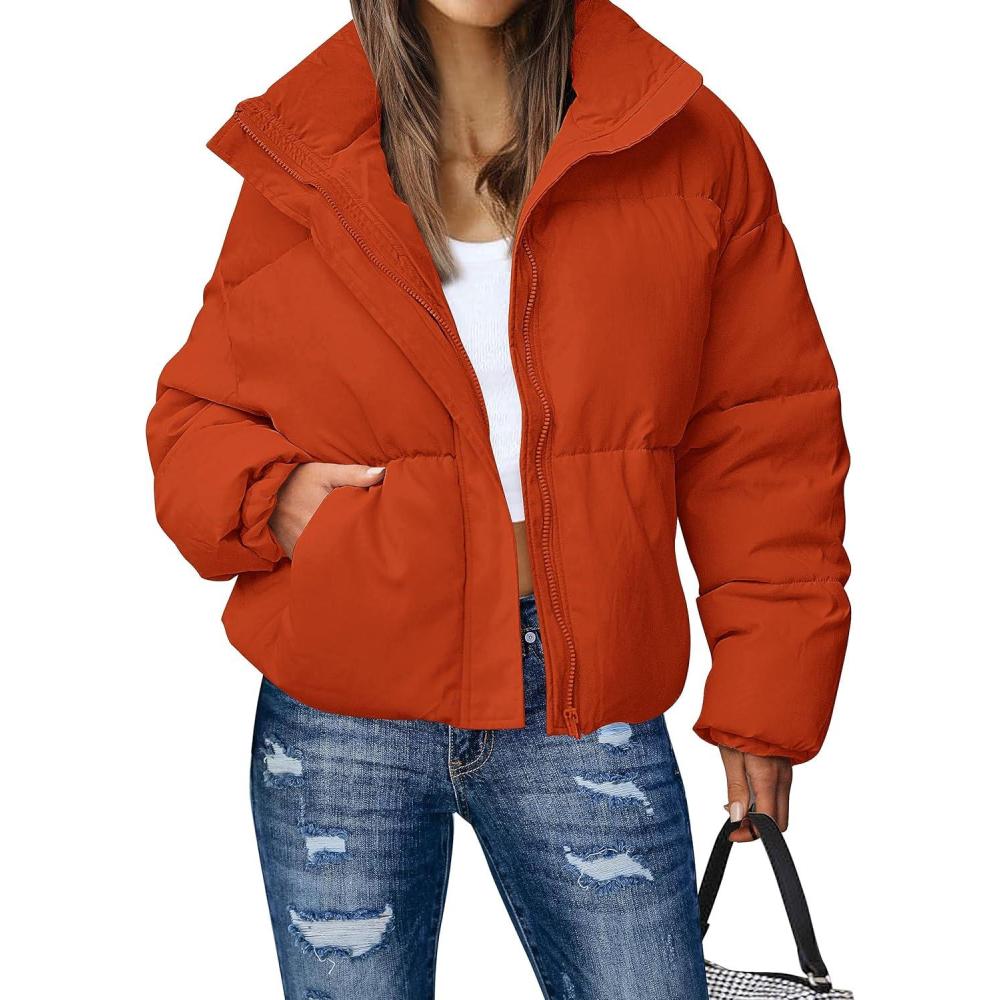 imageMEROKEETY Womens 2025 Winter Long Sleeve Zip Puffer Jacket Pockets Baggy Short CoatsOrange Red
