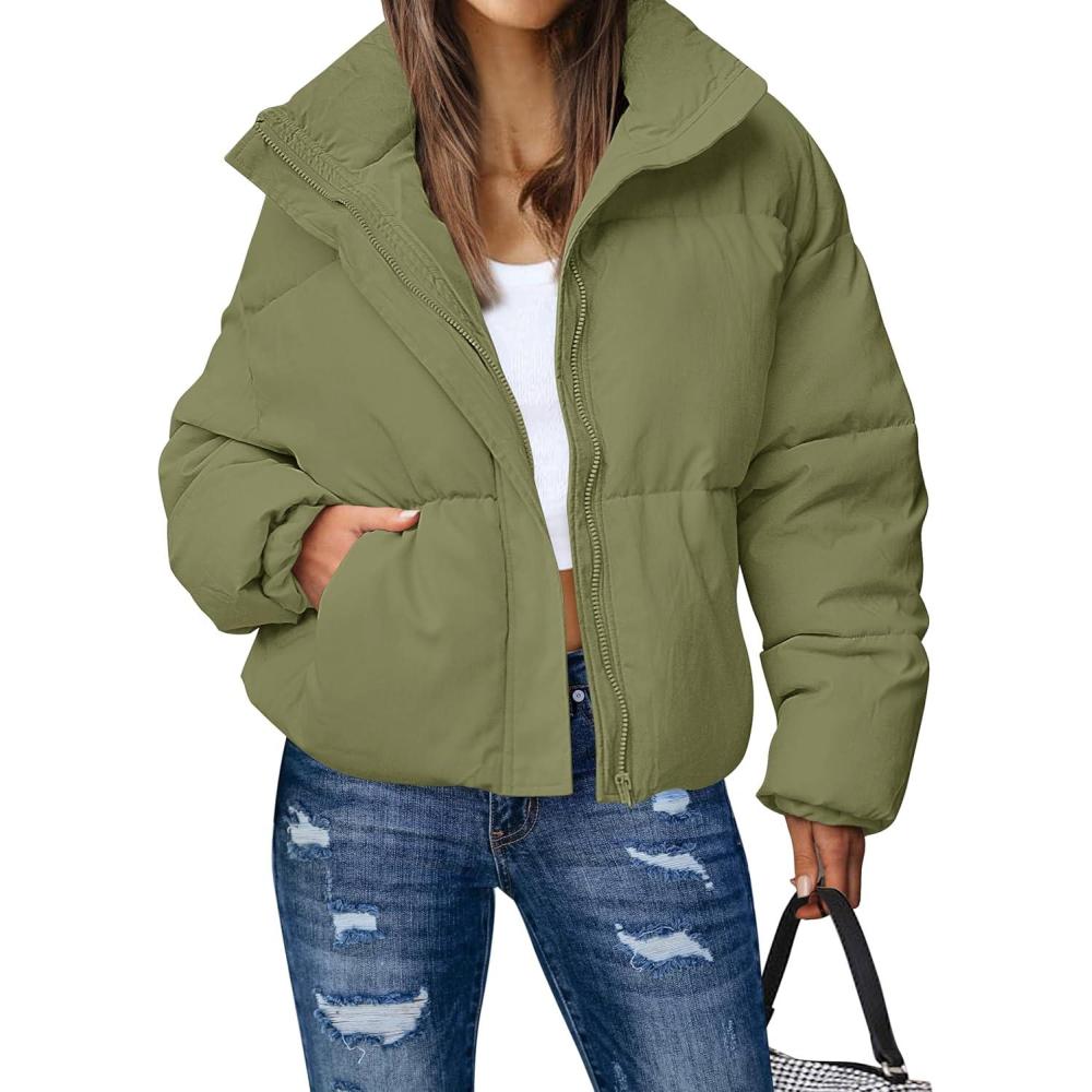 imageMEROKEETY Womens 2025 Winter Long Sleeve Zip Puffer Jacket Pockets Baggy Short CoatsPeagreen