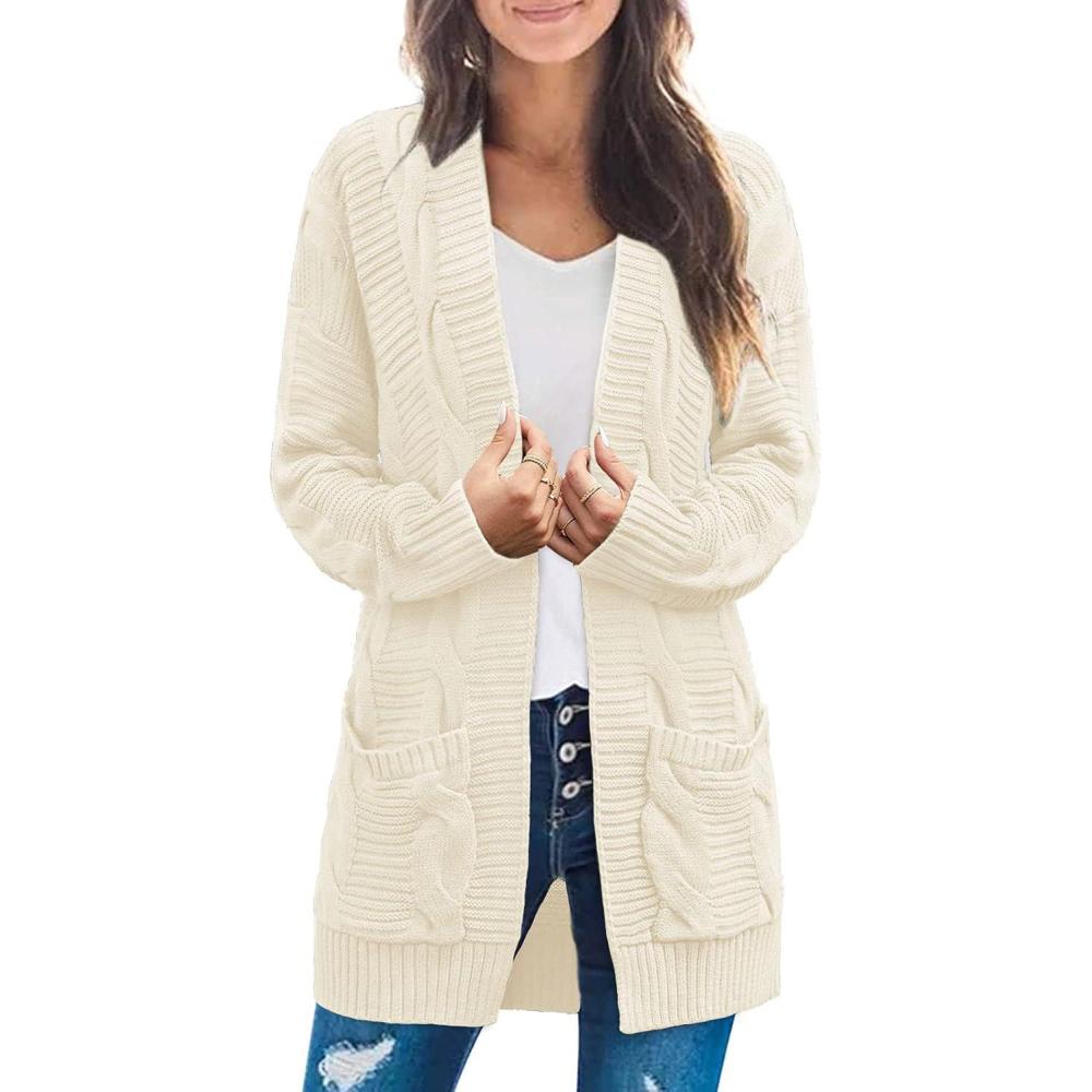 imageMEROKEETY Womens 2026 Long Sleeve Cable Knit Cardigan Sweaters Open Front Fall Outerwear Coat PocketsBeige Yellow