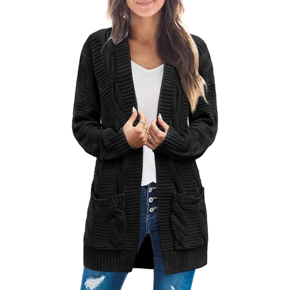 imageMEROKEETY Womens 2026 Long Sleeve Cable Knit Cardigan Sweaters Open Front Fall Outerwear Coat PocketsBlack