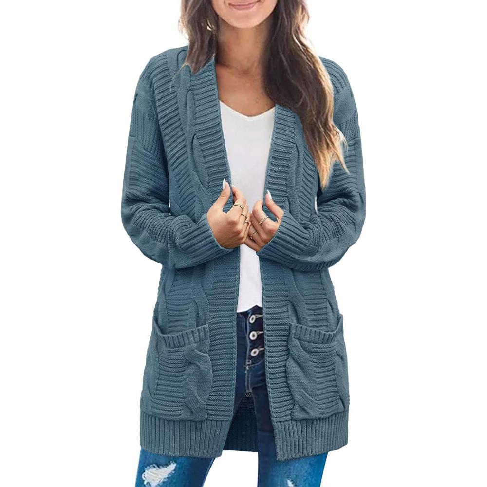 imageMEROKEETY Womens 2026 Long Sleeve Cable Knit Cardigan Sweaters Open Front Fall Outerwear Coat PocketsBlue
