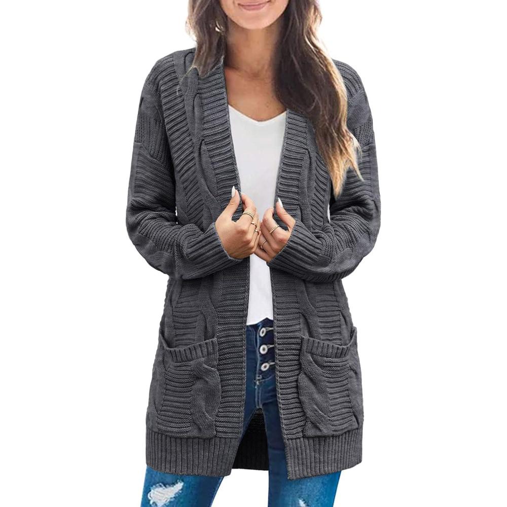 imageMEROKEETY Womens 2026 Long Sleeve Cable Knit Cardigan Sweaters Open Front Fall Outerwear Coat PocketsCharcoal