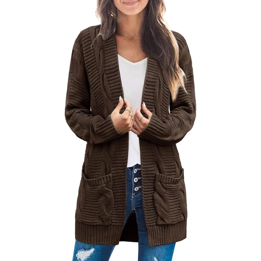 imageMEROKEETY Womens 2026 Long Sleeve Cable Knit Cardigan Sweaters Open Front Fall Outerwear Coat PocketsCoffee