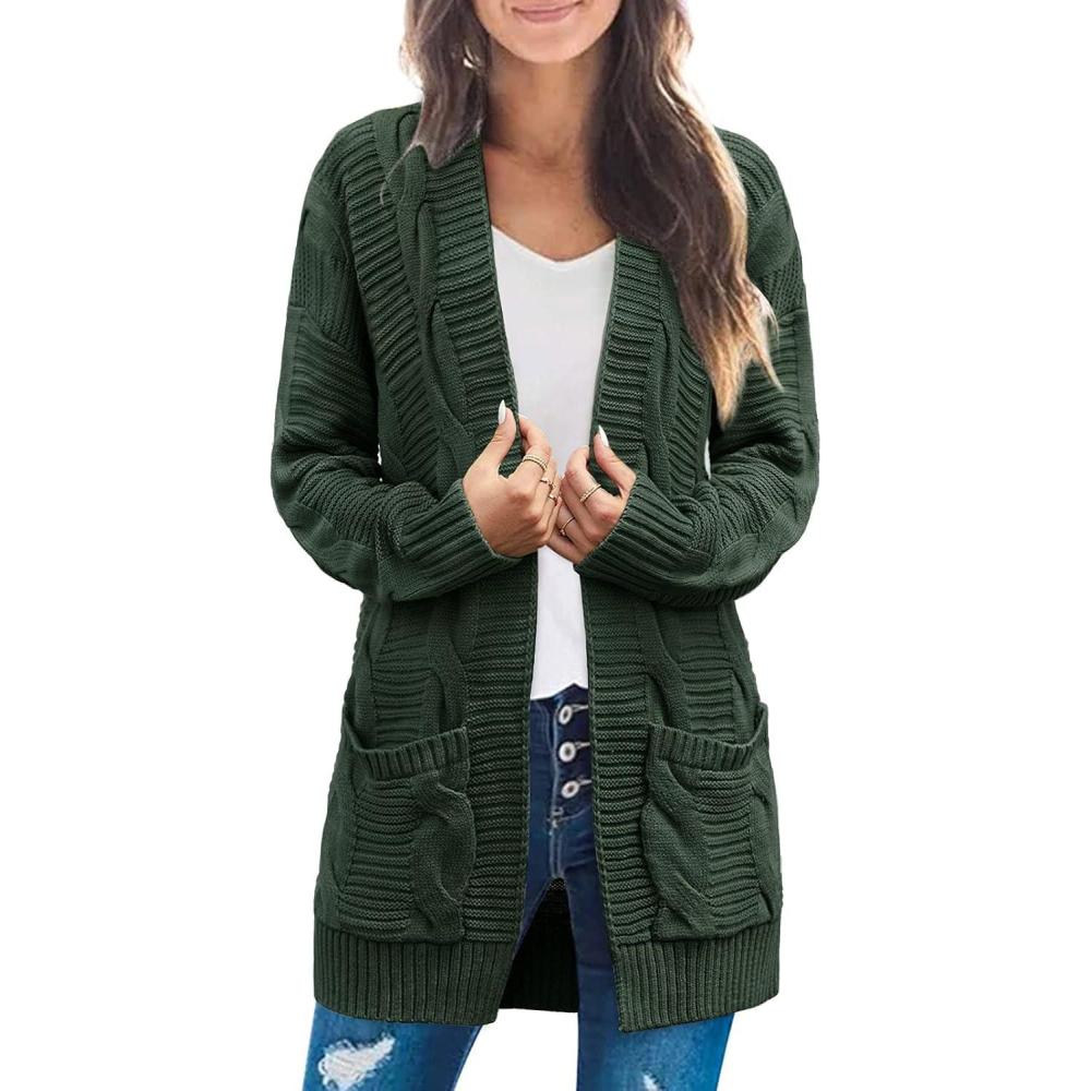 imageMEROKEETY Womens 2026 Long Sleeve Cable Knit Cardigan Sweaters Open Front Fall Outerwear Coat PocketsGreen