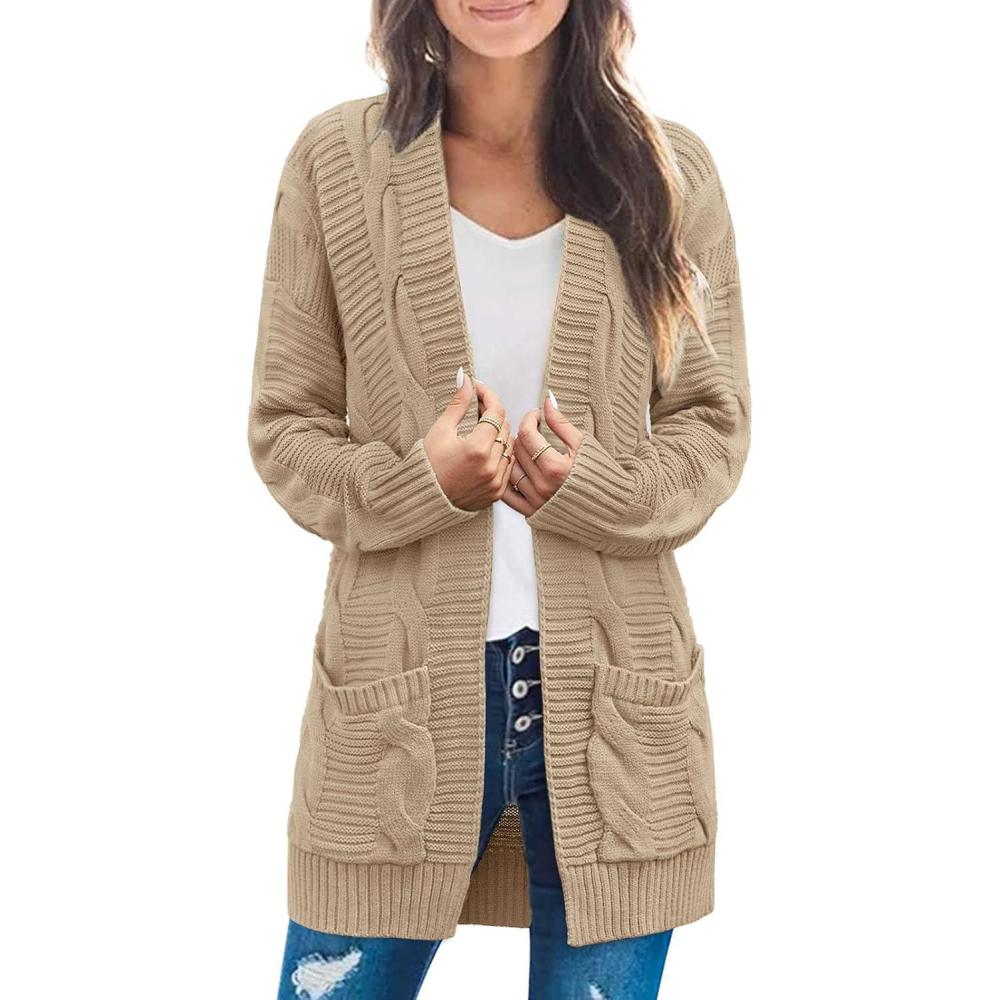 imageMEROKEETY Womens 2026 Long Sleeve Cable Knit Cardigan Sweaters Open Front Fall Outerwear Coat PocketsLight Khaki