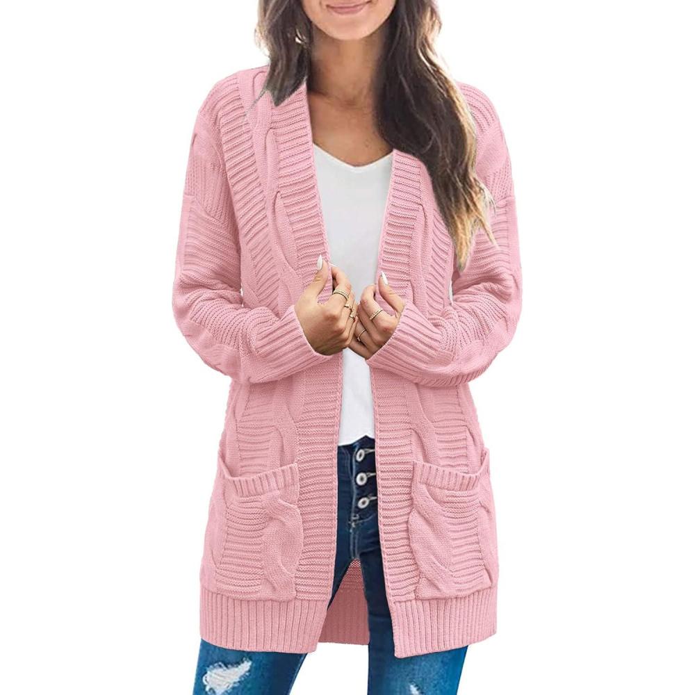 imageMEROKEETY Womens 2026 Long Sleeve Cable Knit Cardigan Sweaters Open Front Fall Outerwear Coat PocketsPink