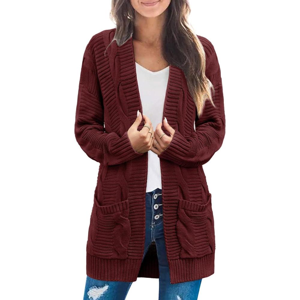 imageMEROKEETY Womens 2026 Long Sleeve Cable Knit Cardigan Sweaters Open Front Fall Outerwear Coat PocketsWine