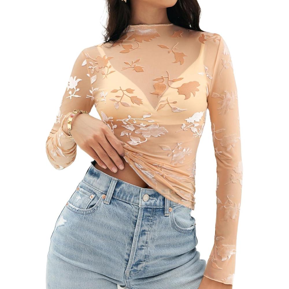 imageMEROKEETY Womens 2026 Mesh Sheer Lace Long Sleeve Top Sexy Y2k Mock Neck See Through Shirt BlousesBlushapricot