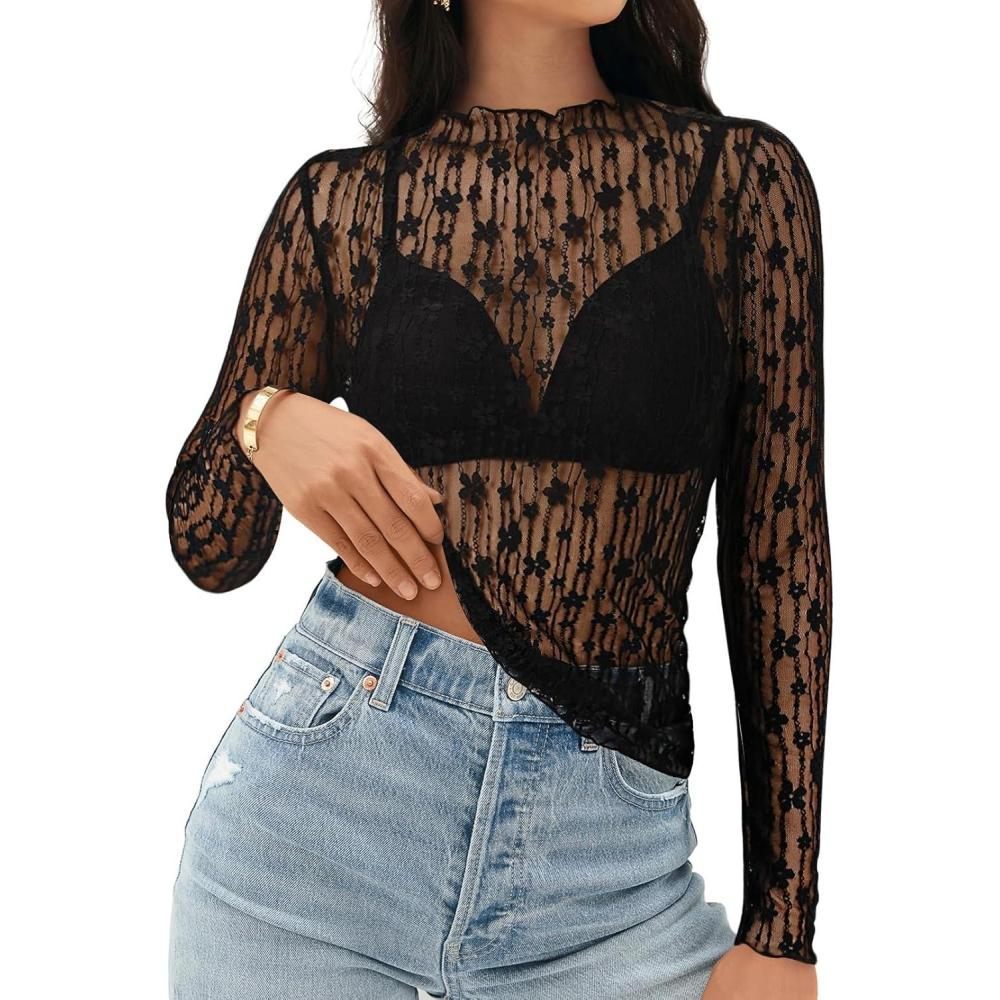 imageMEROKEETY Womens 2026 Mesh Sheer Lace Long Sleeve Top Sexy Y2k Mock Neck See Through Shirt BlousesDarkblack