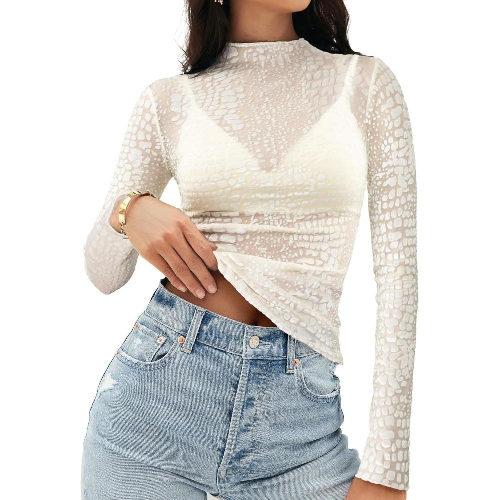 imageMEROKEETY Womens 2026 Mesh Sheer Lace Long Sleeve Top Sexy Y2k Mock Neck See Through Shirt BlousesLeopardwhite