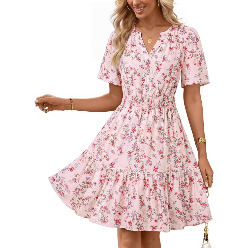 imageMEROKEETY Womens 2026 Spring Summer Floral Dress V Neck Short Sleeve Button A Line Boho Beach Flowy Vacation DressesApricot