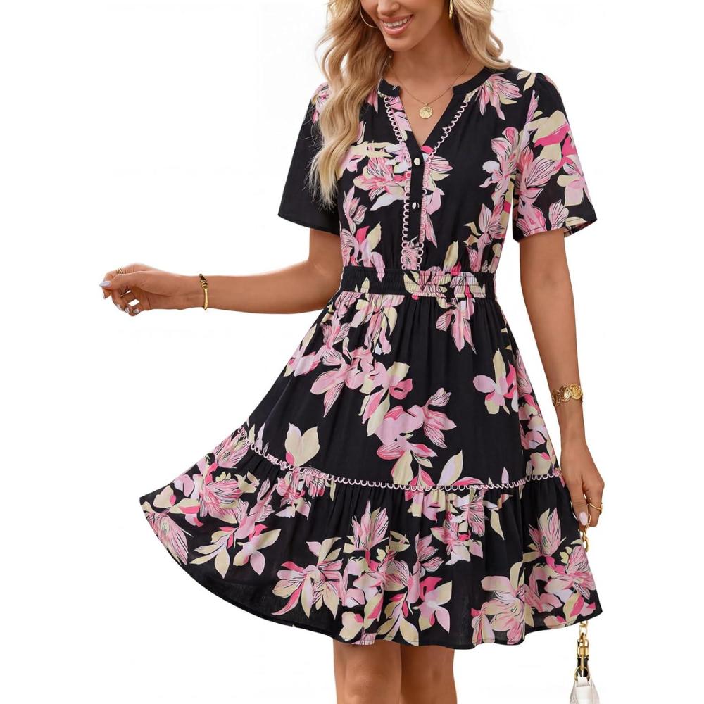 imageMEROKEETY Womens 2026 Spring Summer Floral Dress V Neck Short Sleeve Button A Line Boho Beach Flowy Vacation DressesBlack