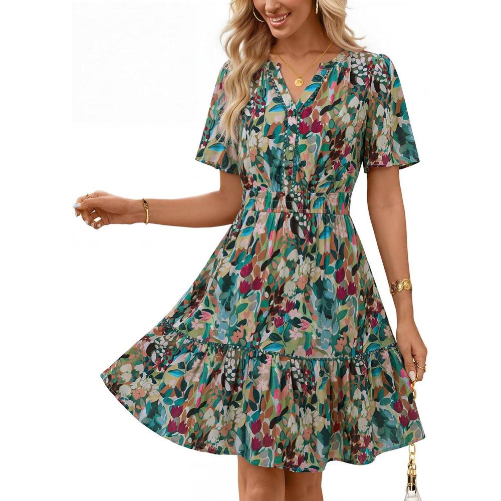 imageMEROKEETY Womens 2026 Spring Summer Floral Dress V Neck Short Sleeve Button A Line Boho Beach Flowy Vacation DressesGreen