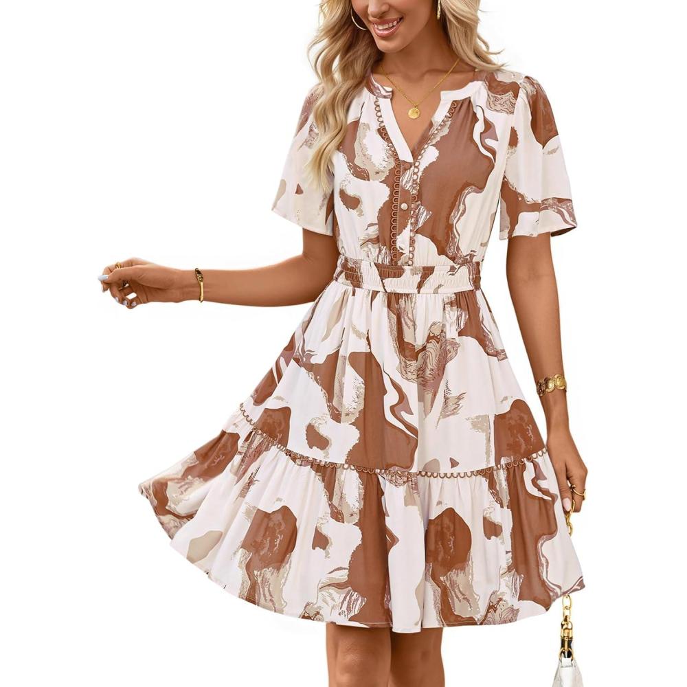 imageMEROKEETY Womens 2026 Spring Summer Floral Dress V Neck Short Sleeve Button A Line Boho Beach Flowy Vacation DressesKhaki