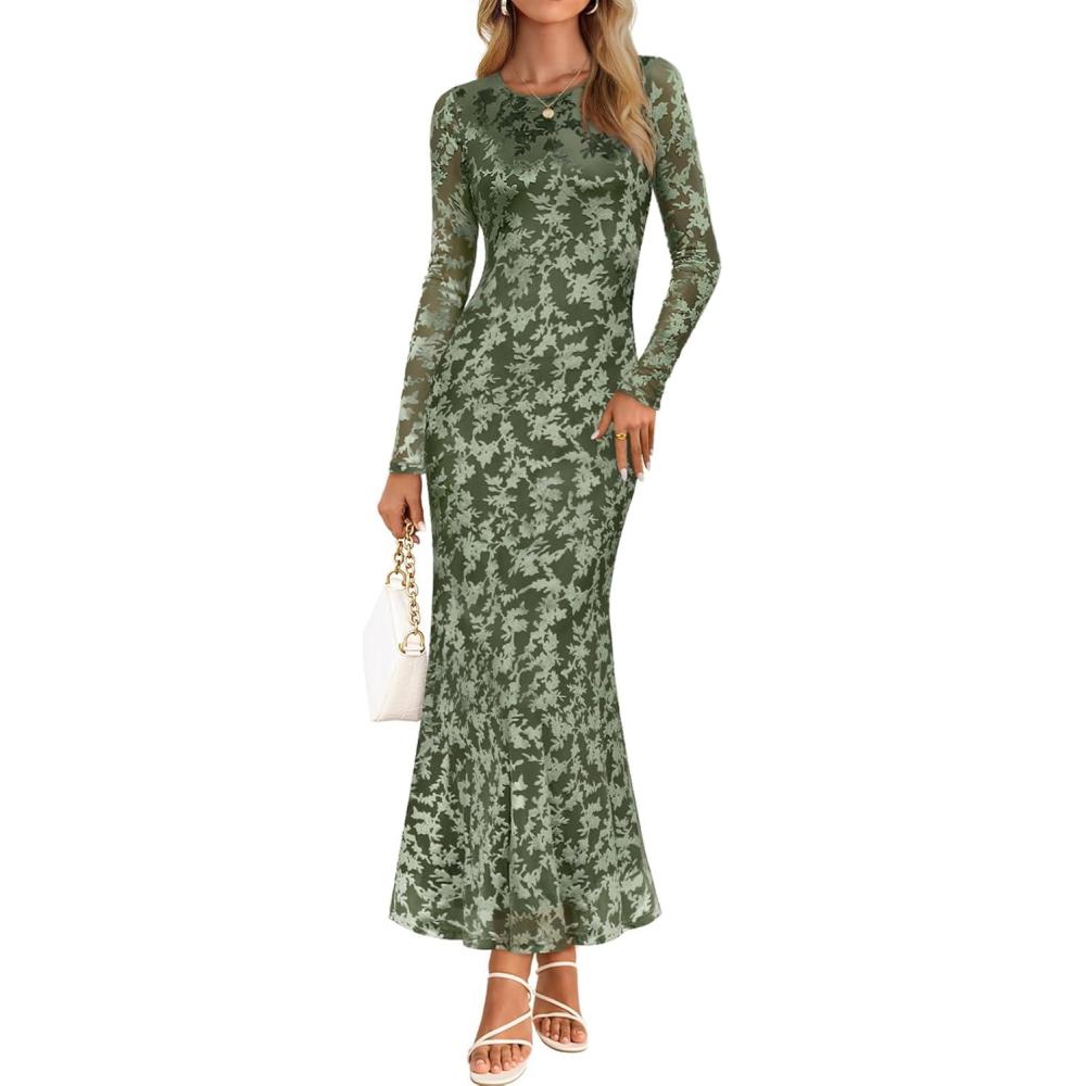 imageMEROKEETY Womens 2026 Spring Wedding Guest Maxi Dress Long Sleeve Bodycon Floral Mesh Fall Cocktail Formal Party DressesArmygreen