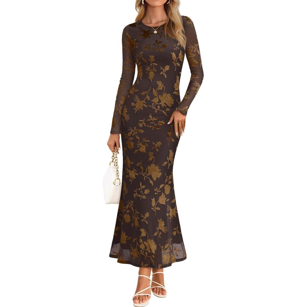 imageMEROKEETY Womens 2026 Spring Wedding Guest Maxi Dress Long Sleeve Bodycon Floral Mesh Fall Cocktail Formal Party DressesBrowngold