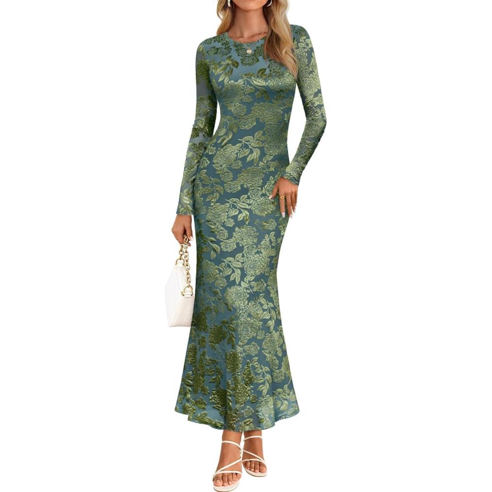 imageMEROKEETY Womens 2026 Spring Wedding Guest Maxi Dress Long Sleeve Bodycon Floral Mesh Fall Cocktail Formal Party DressesGraygreen