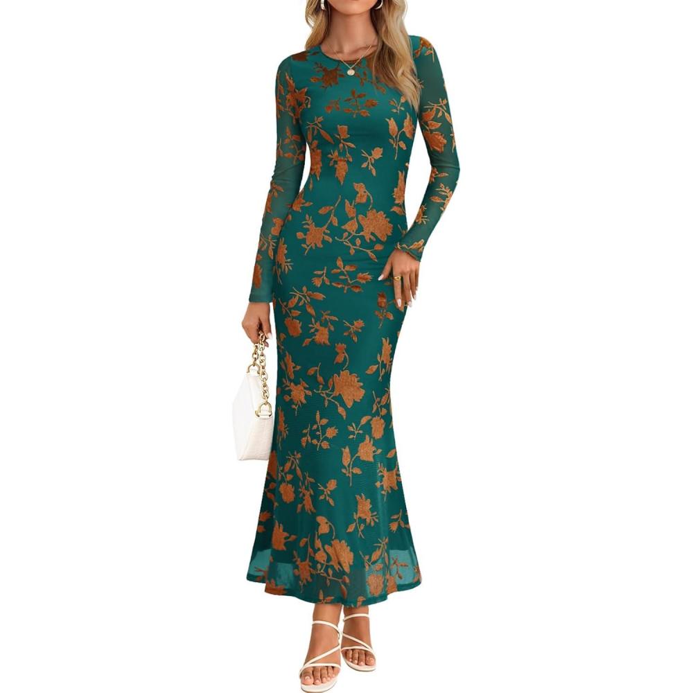 imageMEROKEETY Womens 2026 Spring Wedding Guest Maxi Dress Long Sleeve Bodycon Floral Mesh Fall Cocktail Formal Party DressesGreen