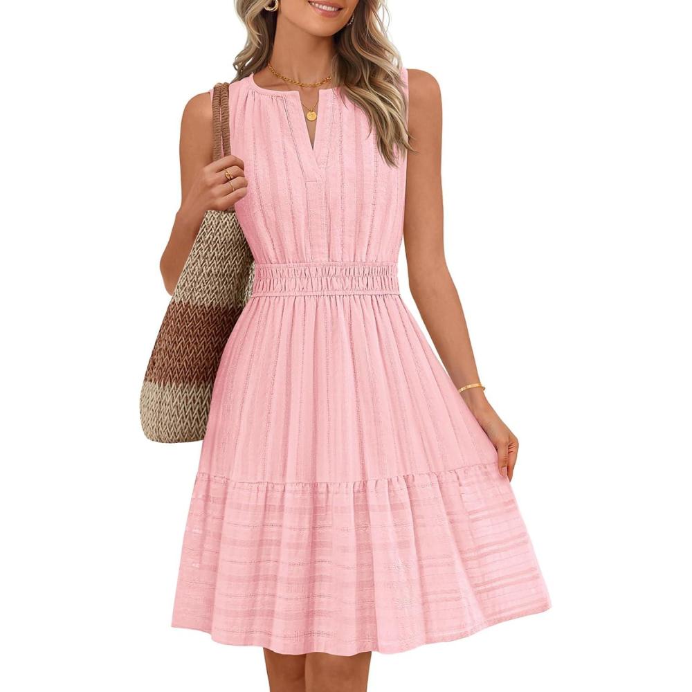imageMEROKEETY Womens 2026 Summer Casual Mini Sundress Beach Vacation Sleeveless V Neck Flowy A Line Dress with PocketsPink