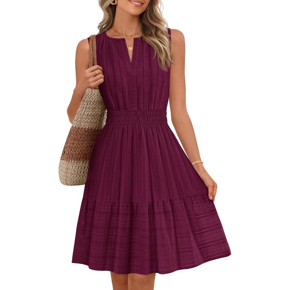 imageMEROKEETY Womens 2026 Summer Casual Mini Sundress Beach Vacation Sleeveless V Neck Flowy A Line Dress with PocketsWine