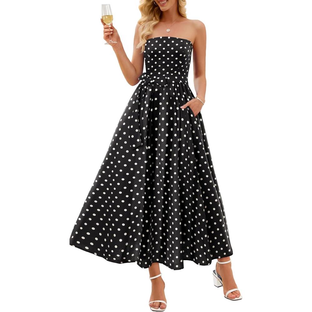 imageMEROKEETY Womens 2026 Summer Floral Strapless Maxi Dress Boho Tube Smocked Tie Wedding Guest Cocktail Long DressesBlack
