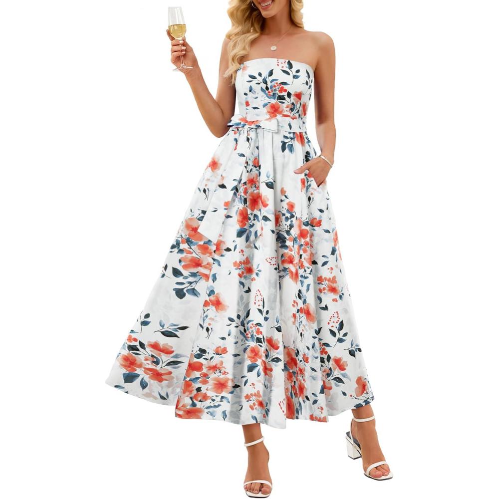 imageMEROKEETY Womens 2026 Summer Floral Strapless Maxi Dress Boho Tube Smocked Tie Wedding Guest Cocktail Long DressesIvory