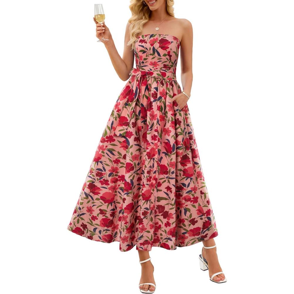 imageMEROKEETY Womens 2026 Summer Floral Strapless Maxi Dress Boho Tube Smocked Tie Wedding Guest Cocktail Long DressesPink