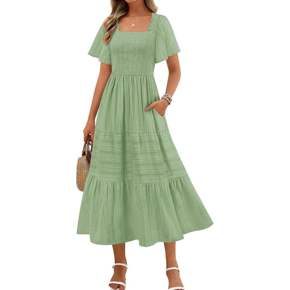 imageMEROKEETY Womens 2026 Summer Flowy Midi Maxi Dress Short Sleeve Square Neck Smocked Tiered Ruffle Boho Dresses with PocketsGreen