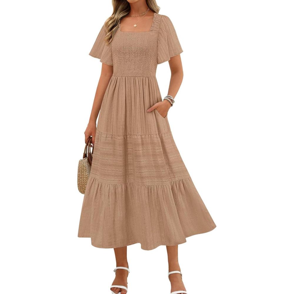 imageMEROKEETY Womens 2026 Summer Flowy Midi Maxi Dress Short Sleeve Square Neck Smocked Tiered Ruffle Boho Dresses with PocketsKhaki