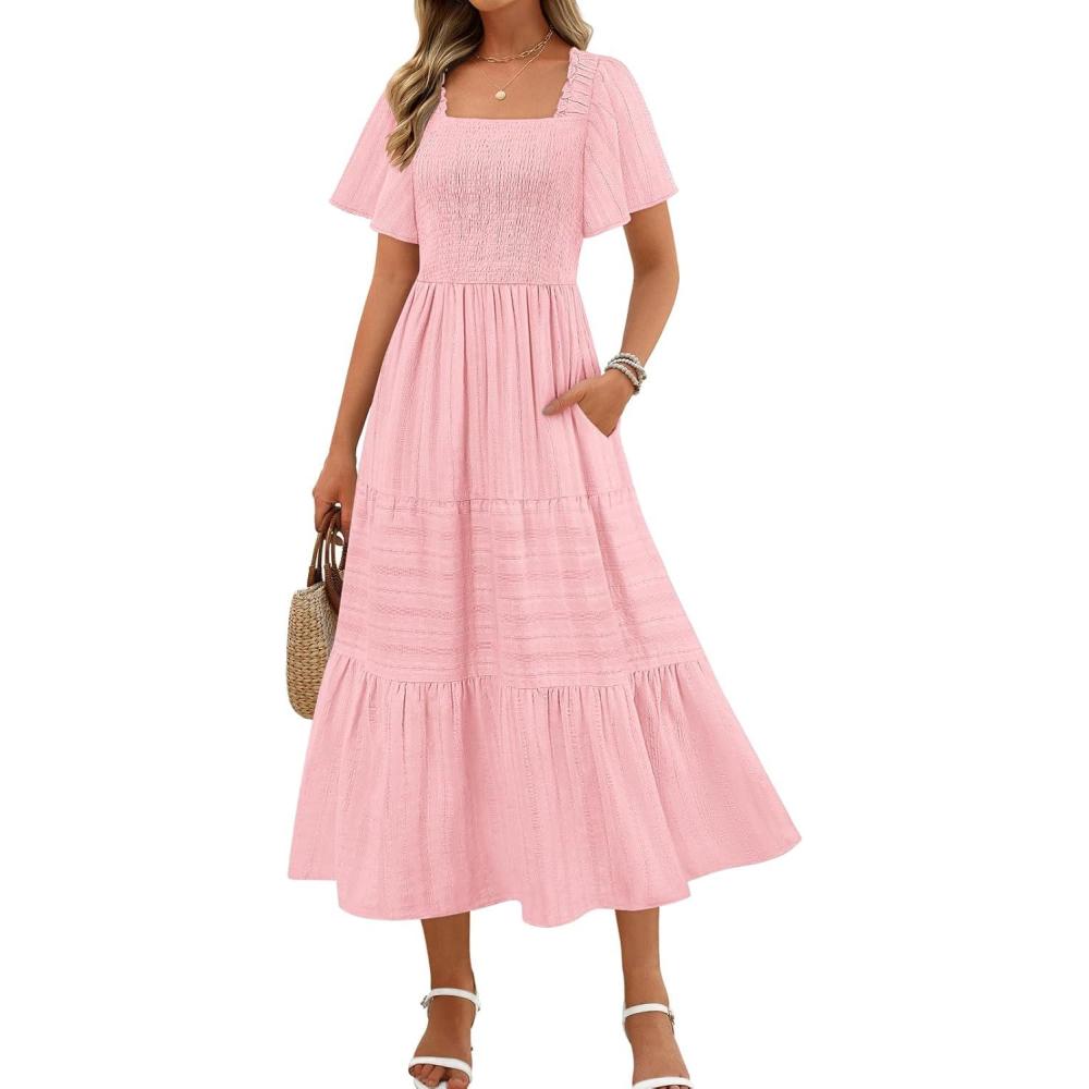 imageMEROKEETY Womens 2026 Summer Flowy Midi Maxi Dress Short Sleeve Square Neck Smocked Tiered Ruffle Boho Dresses with PocketsPink