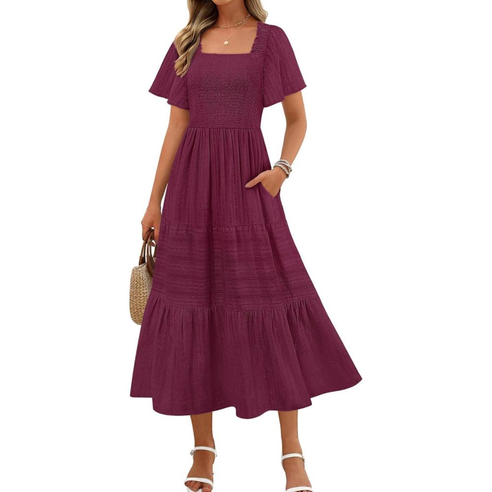 imageMEROKEETY Womens 2026 Summer Flowy Midi Maxi Dress Short Sleeve Square Neck Smocked Tiered Ruffle Boho Dresses with PocketsWine