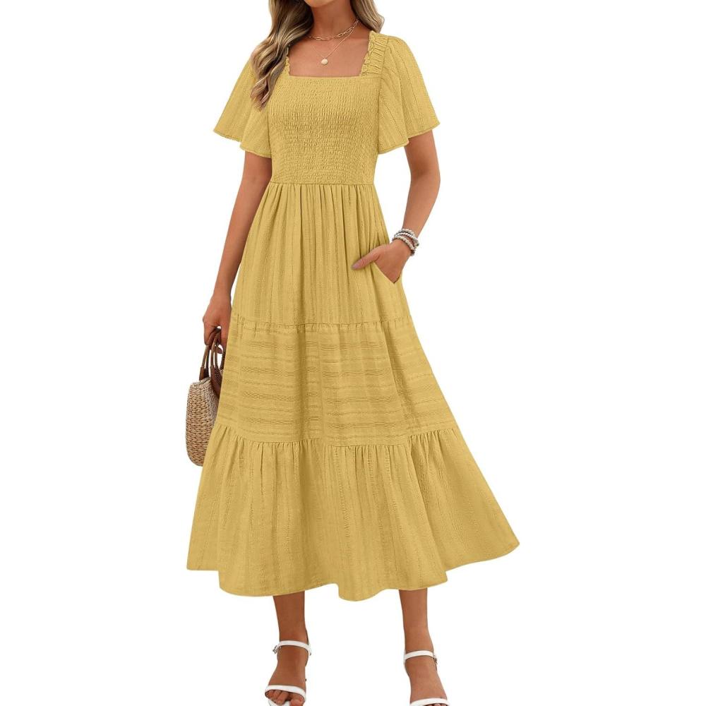 imageMEROKEETY Womens 2026 Summer Flowy Midi Maxi Dress Short Sleeve Square Neck Smocked Tiered Ruffle Boho Dresses with PocketsYellow