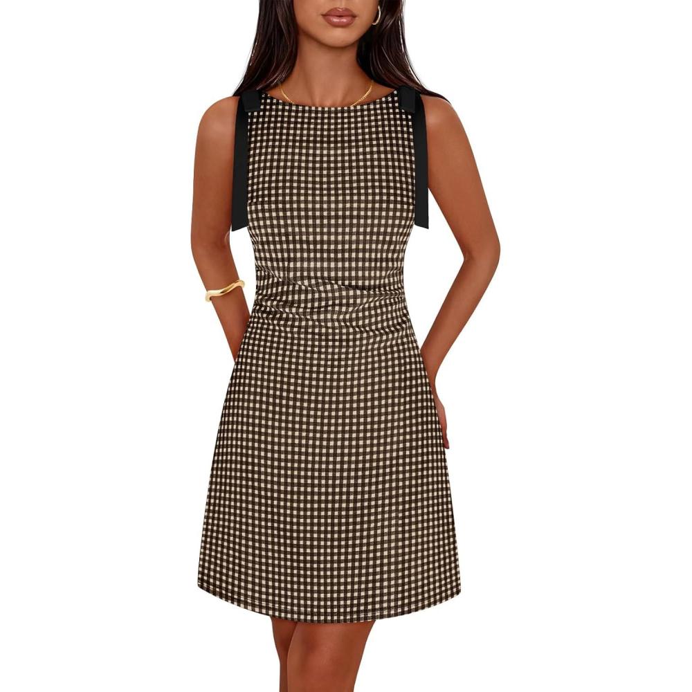 imageMEROKEETY Womens 2026 Summer Gingham Mini Dress Ruched Sleeveless Boat Neck Cocktail Party Beach DressesBrown