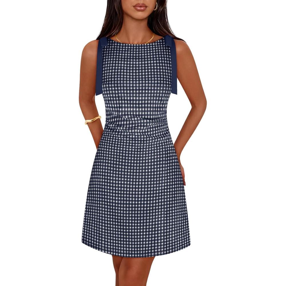 imageMEROKEETY Womens 2026 Summer Gingham Mini Dress Ruched Sleeveless Boat Neck Cocktail Party Beach DressesNavy