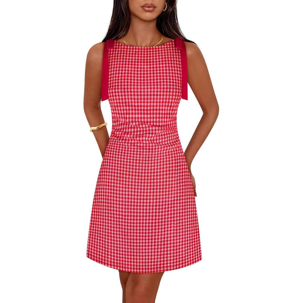 imageMEROKEETY Womens 2026 Summer Gingham Mini Dress Ruched Sleeveless Boat Neck Cocktail Party Beach DressesRed