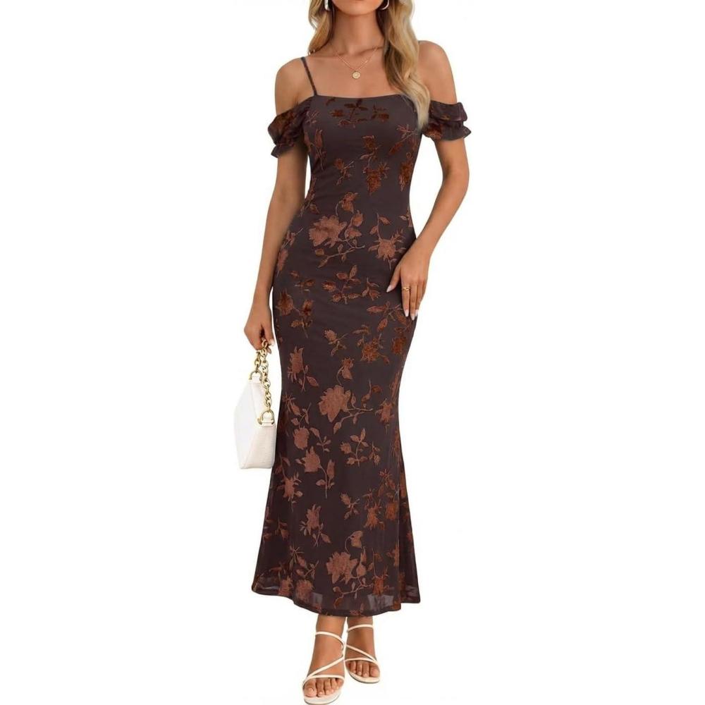 imageMEROKEETY Womens 2026 Summer Off The Shoulder Spaghetti Strap Floral Mesh Wedding Guest Cocktail Formal Party Maxi DressesBrown