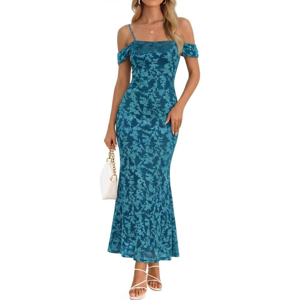 imageMEROKEETY Womens 2026 Summer Off The Shoulder Spaghetti Strap Floral Mesh Wedding Guest Cocktail Formal Party Maxi DressesTeal