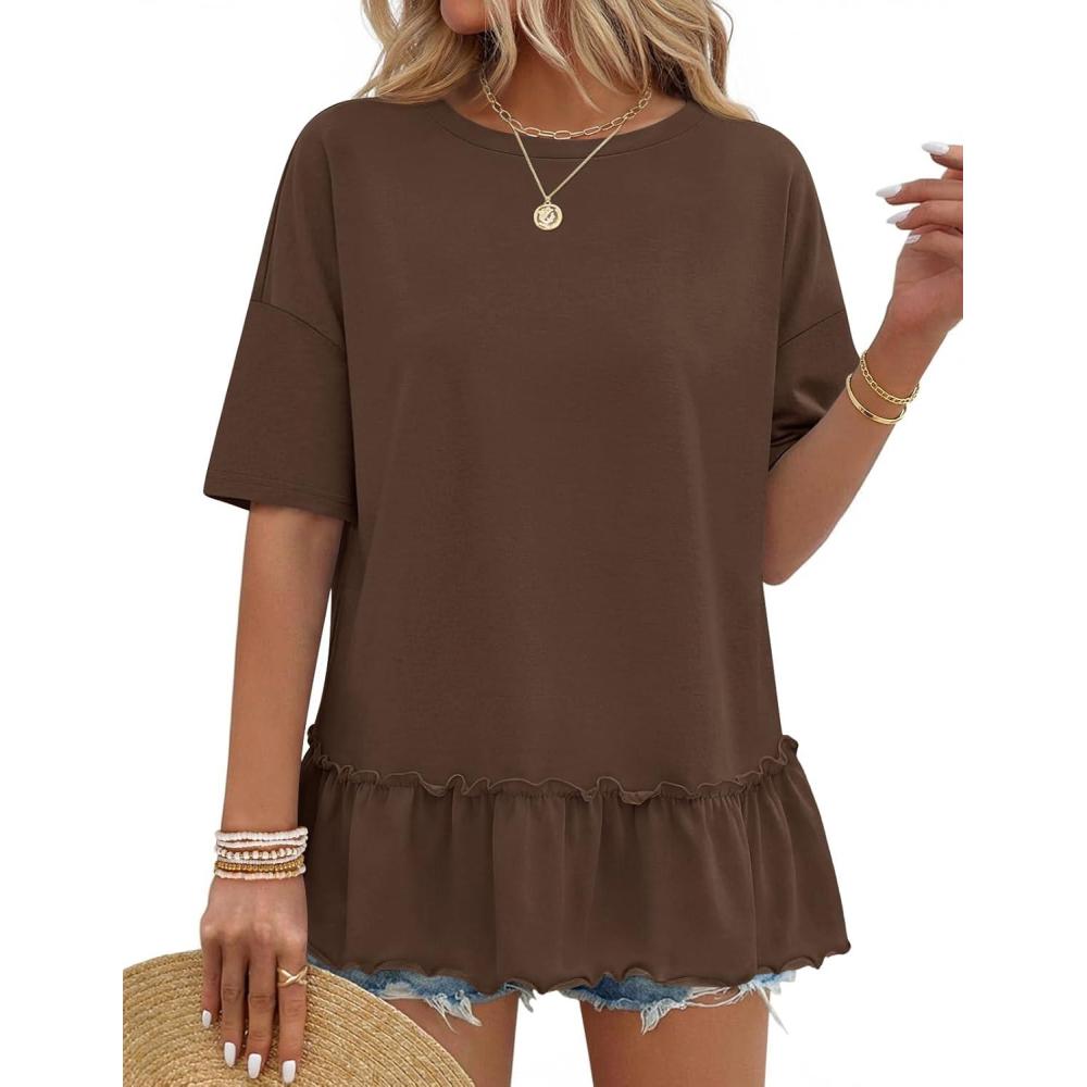 imageMEROKEETY Womens 2026 Summer Peplum Tops Oversized Blouse Casual Short Sleeve Crew Neck Ruffle Tunic T ShirtsCoffee