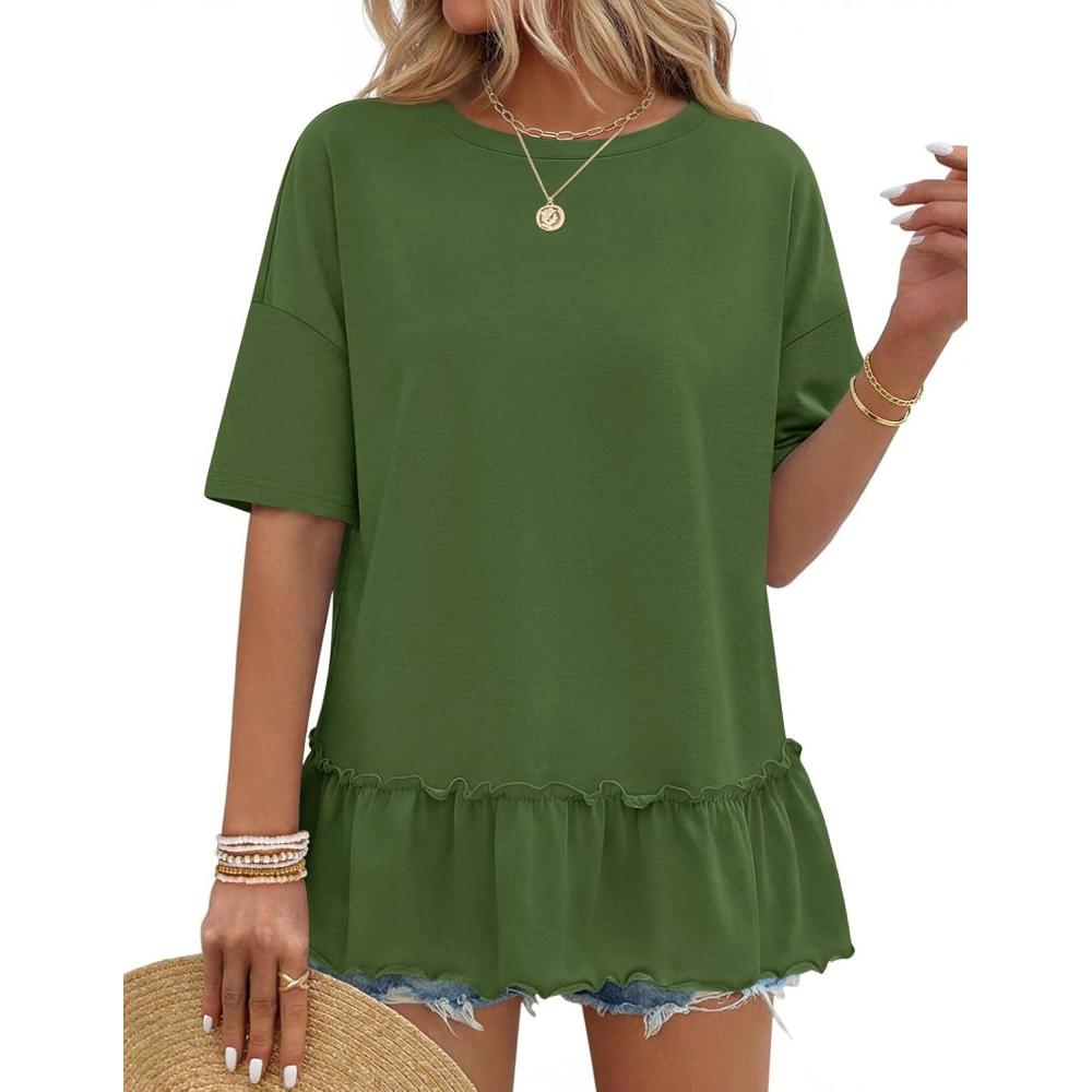 imageMEROKEETY Womens 2026 Summer Peplum Tops Oversized Blouse Casual Short Sleeve Crew Neck Ruffle Tunic T ShirtsGreen