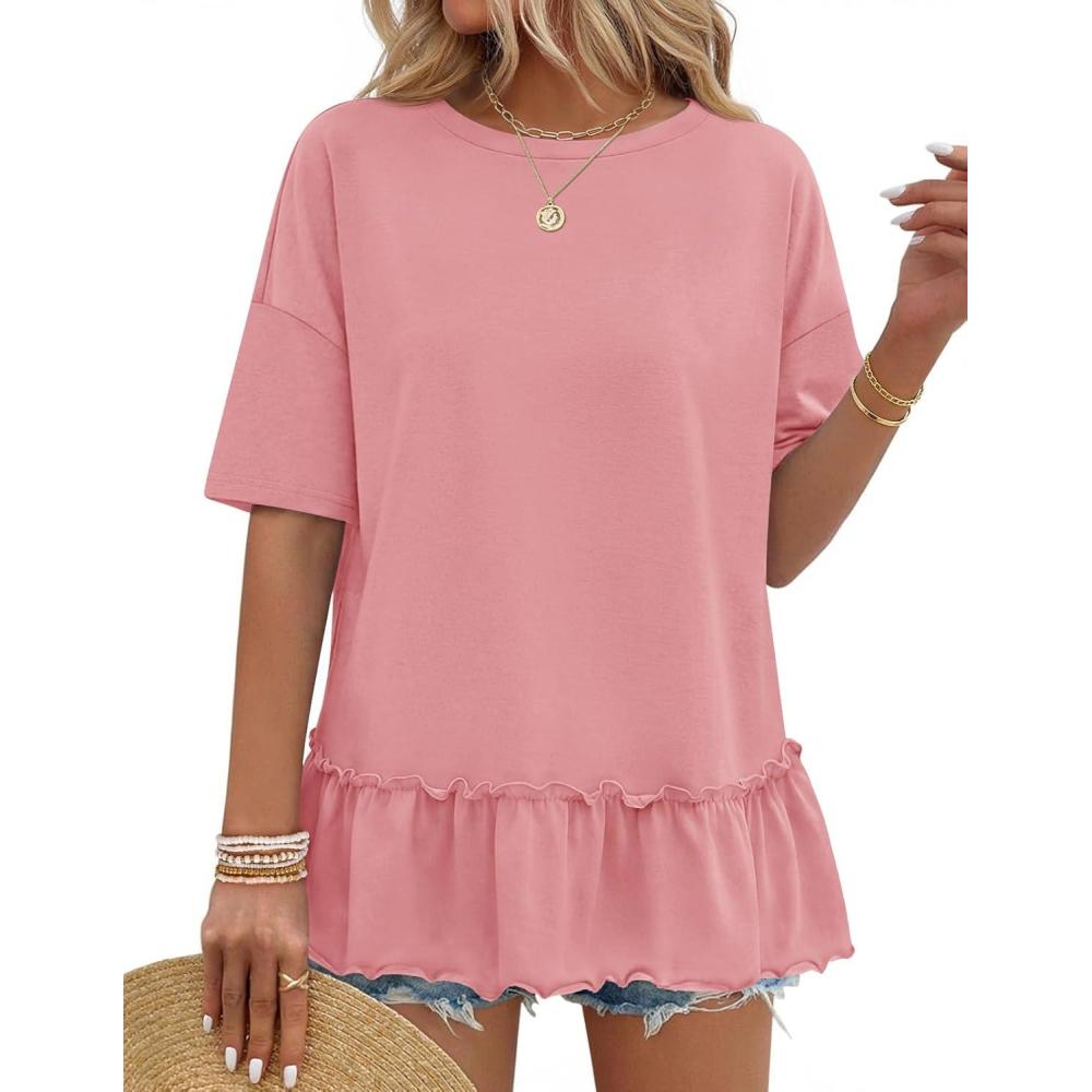 imageMEROKEETY Womens 2026 Summer Peplum Tops Oversized Blouse Casual Short Sleeve Crew Neck Ruffle Tunic T ShirtsPink