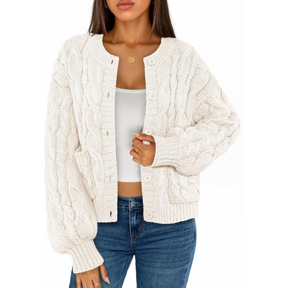 imageMEROKEETY Womens Cable Knit Chunky Cardigan Sweaters 2025 Fall Winter Trendy Button Up Long Sleeve CoatBeige