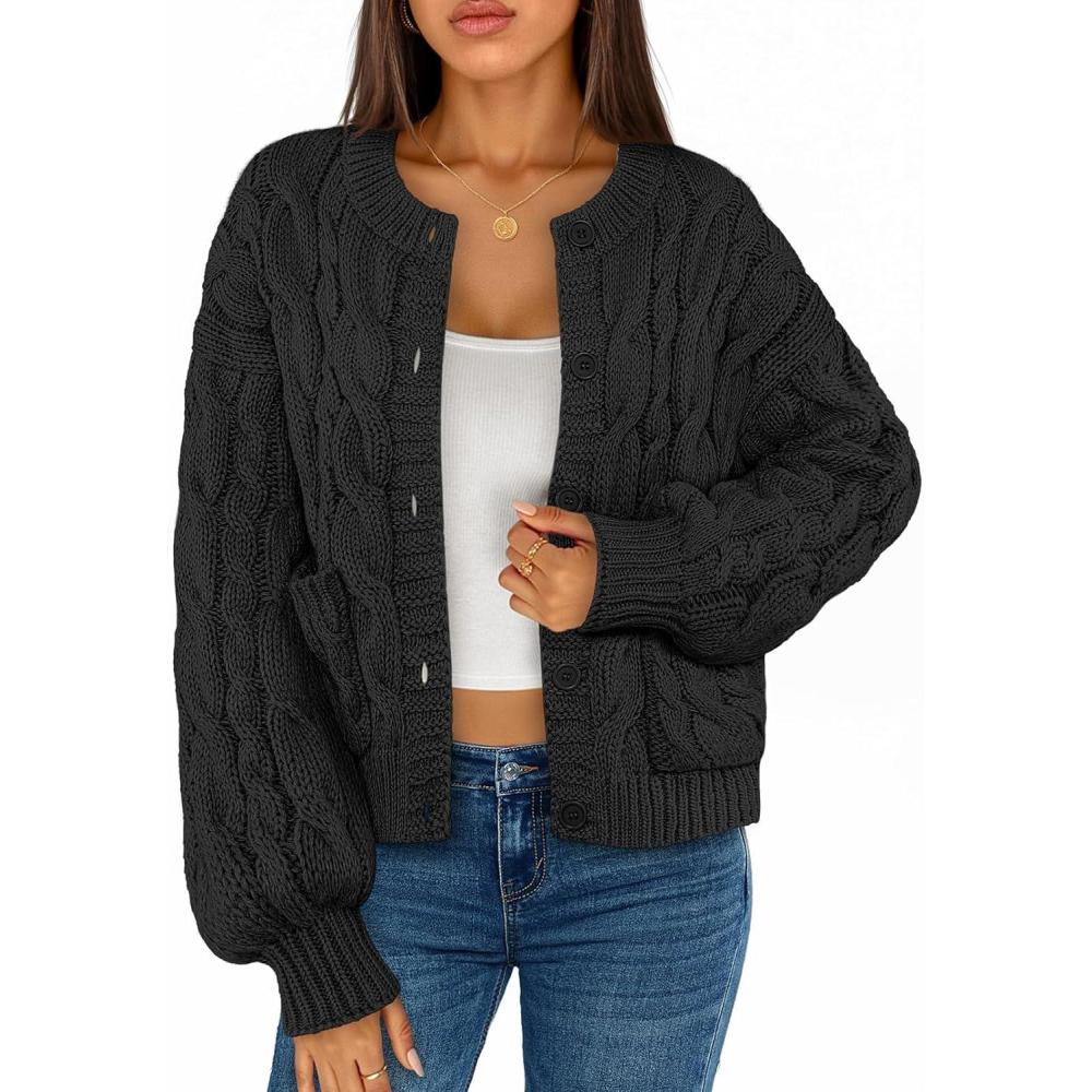 imageMEROKEETY Womens Cable Knit Chunky Cardigan Sweaters 2025 Fall Winter Trendy Button Up Long Sleeve CoatBlack
