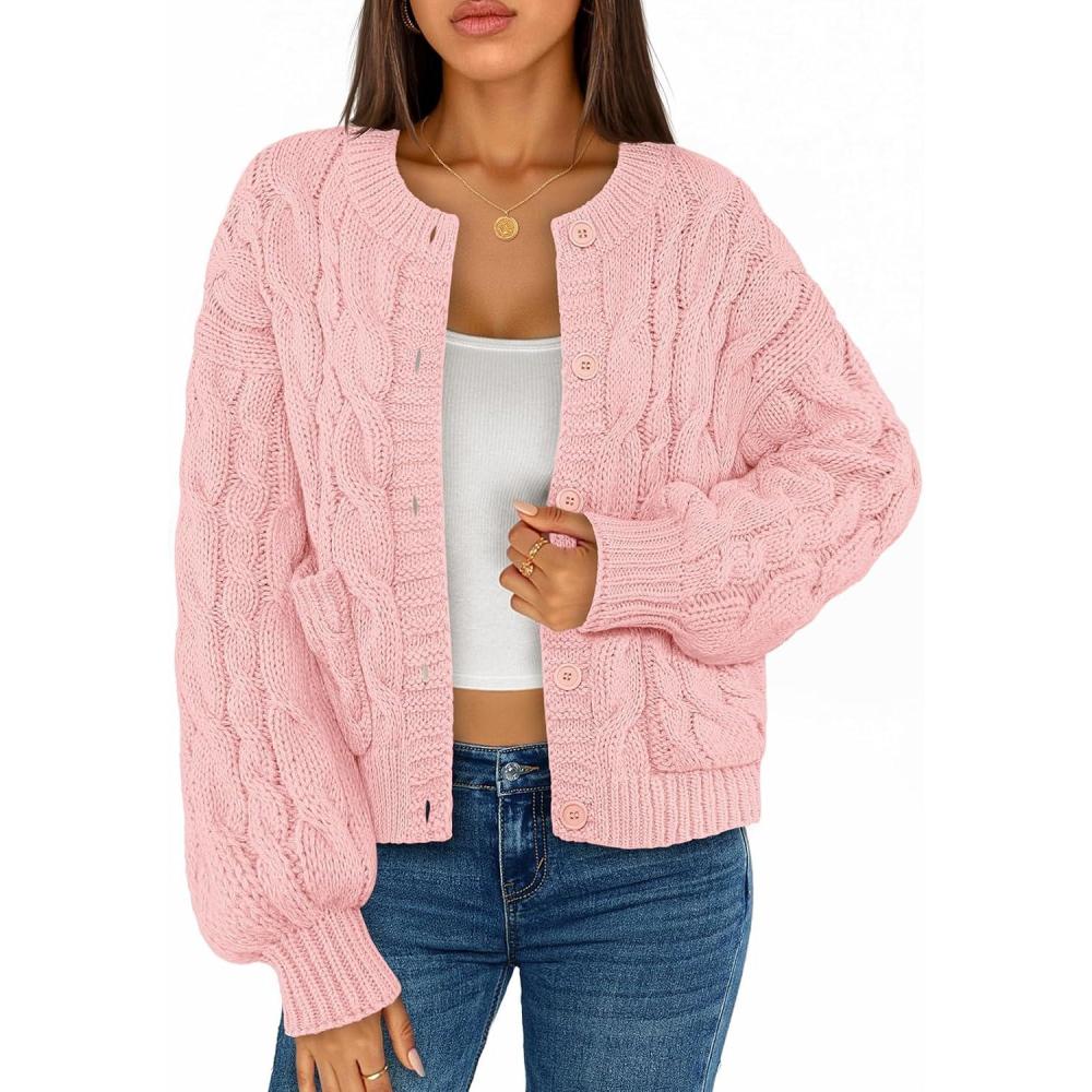 imageMEROKEETY Womens Cable Knit Chunky Cardigan Sweaters 2025 Fall Winter Trendy Button Up Long Sleeve CoatPink