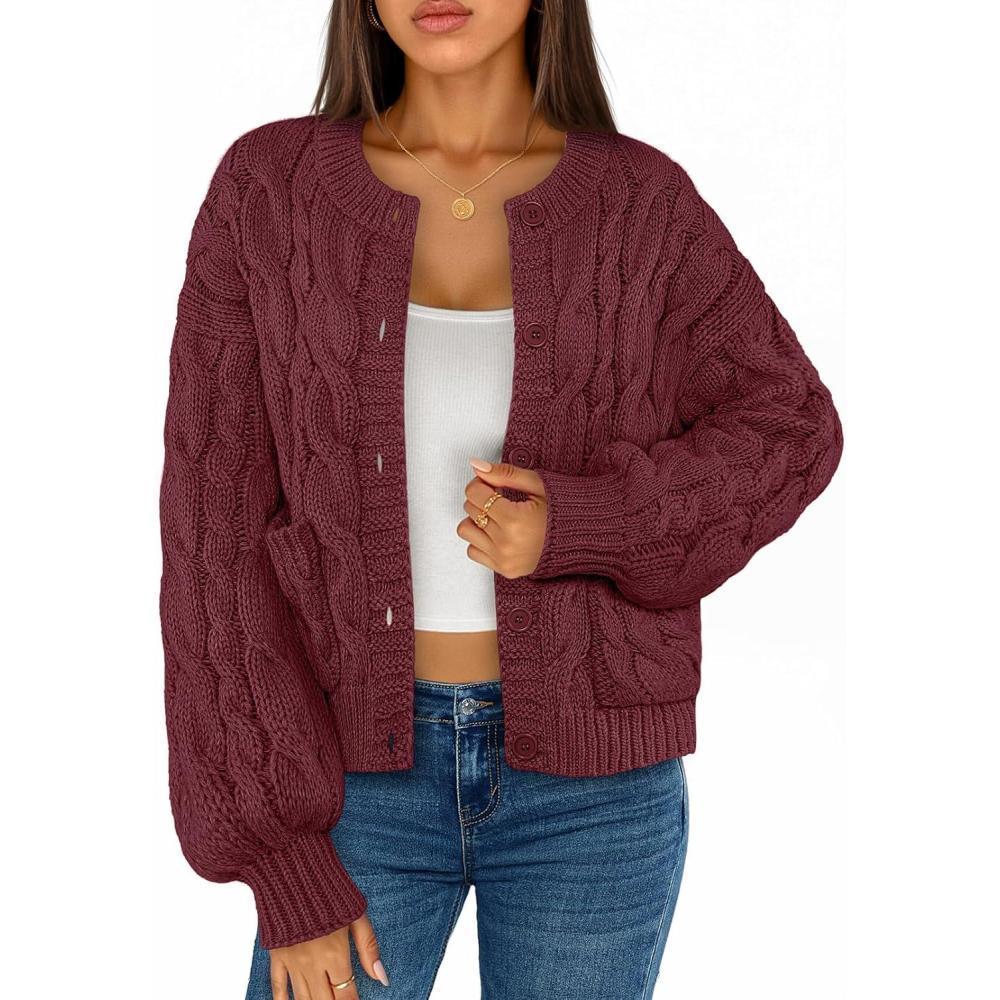 imageMEROKEETY Womens Cable Knit Chunky Cardigan Sweaters 2025 Fall Winter Trendy Button Up Long Sleeve CoatWine